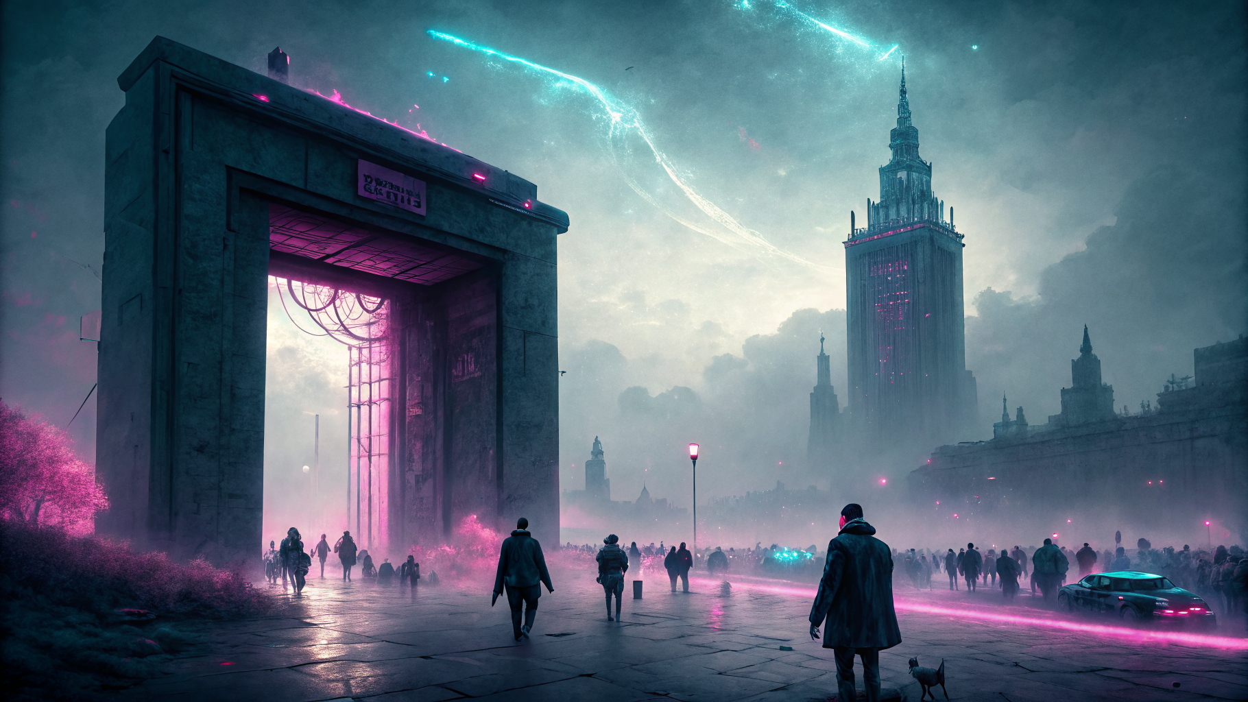 A vault-shaped institutional gate channels luminous threads from a faceless crowd toward a single distant tower.