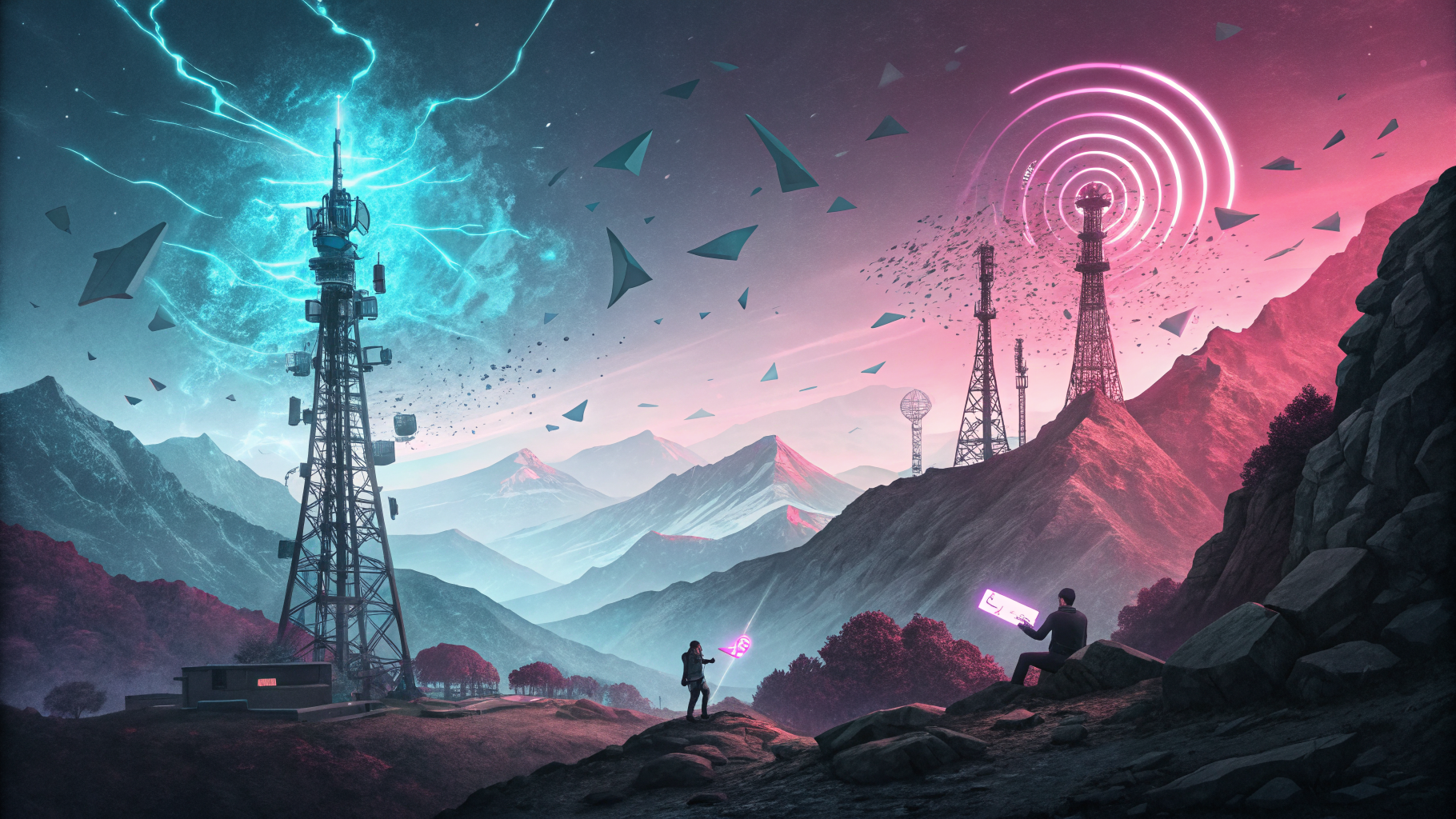 Two opposing radio towers in cyan and magenta exchange signal arcs over a contested negative space.