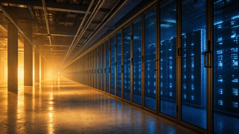 A data hall split down its length: warm gold light on the left, cool blue racks behind mesh doors on the right