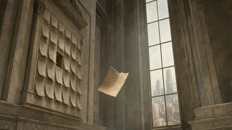A single sheet of paper falling past a wall of stone niches in a grand hall, a city skyline beyond the window