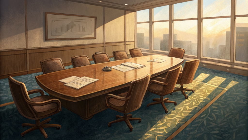 An empty negotiation table with a contract document open at the center, its signature page torn cleanly away