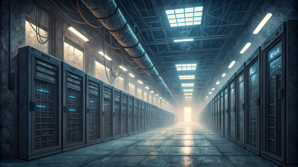A vast empty server hall with unpopulated racks stretching to a vanishing point, structural frames and unlit power channels