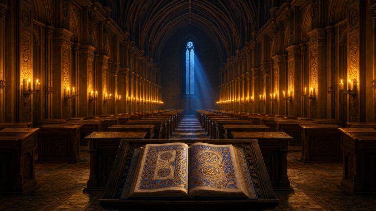 An illuminated manuscript open on a lectern in a candlelit cathedral nave, light falling from a high window
