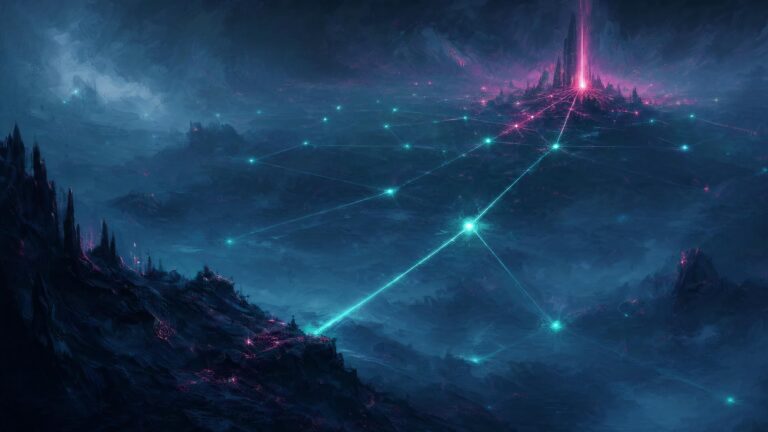 A dark landscape of ridges strung with cyan light lines converging on a distant magenta spire