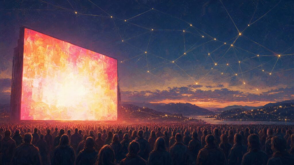 A crowd facing a huge glowing billboard at dusk, a constellation of linked stars spreading across the sky above