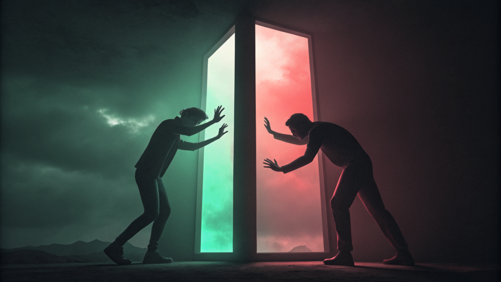 Two figures react in opposite ways to the same restless screen of light, one recoiling and one reaching in.