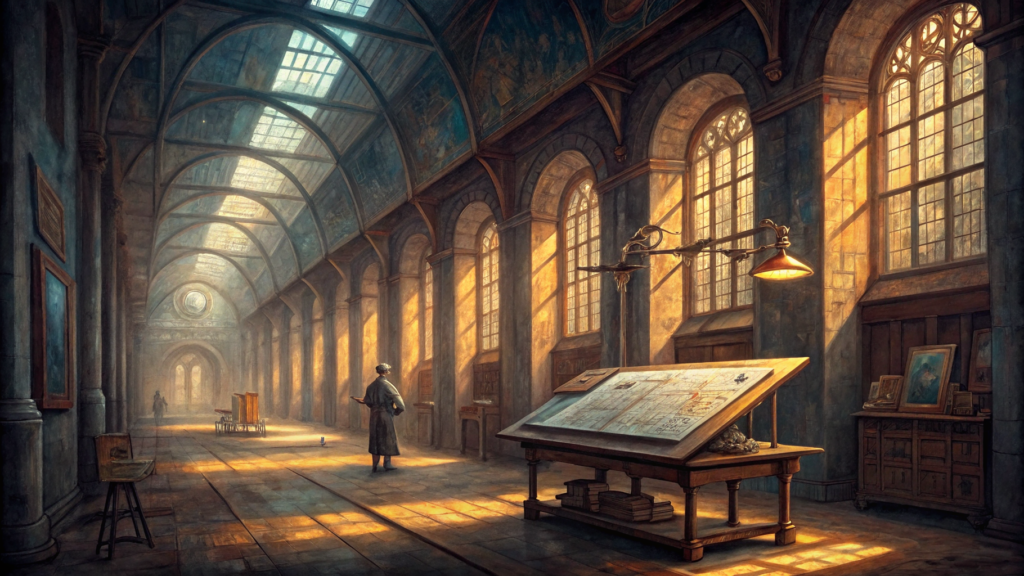 Threads of light grow through dividing walls, stitching separate workrooms into one connected web.