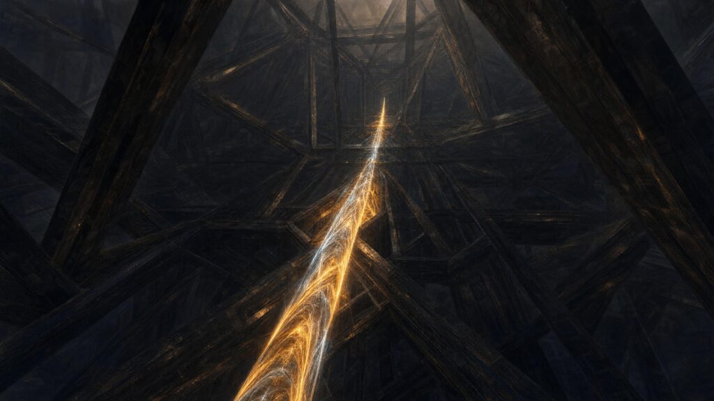 A dark angular structure with a thin thread of golden light running through its centre and fracturing outward