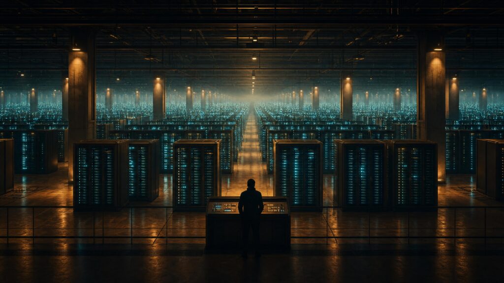 A figure at a console before an immense hall of glowing data racks receding to a bright horizon