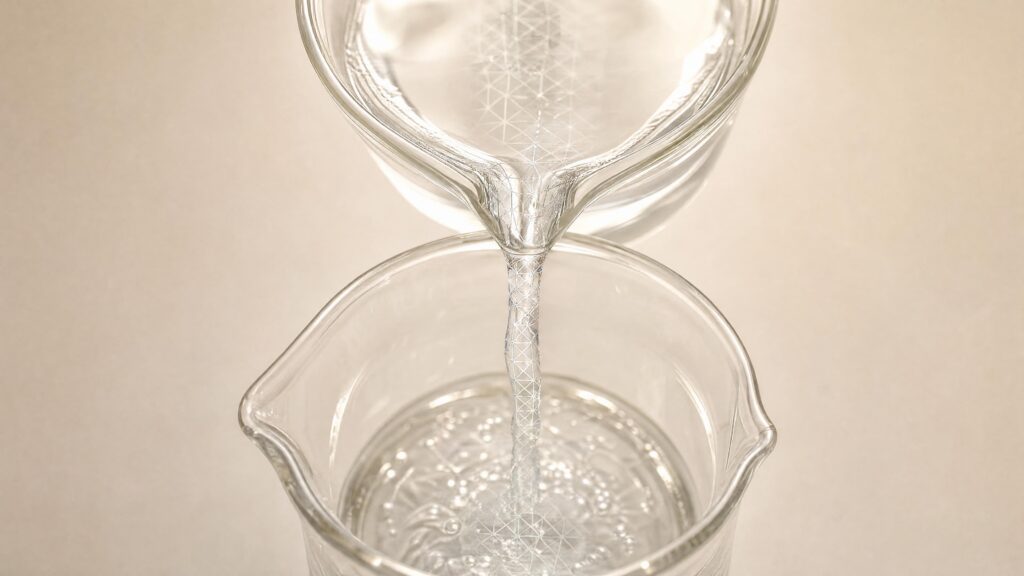 Clear liquid pouring from one glass beaker into another against a plain warm background