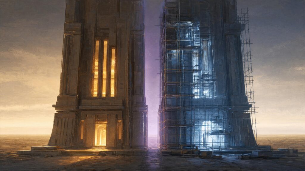 A monumental tower split down the middle: one half warm weathered stone, the other a scaffolded blue-lit copy still under…