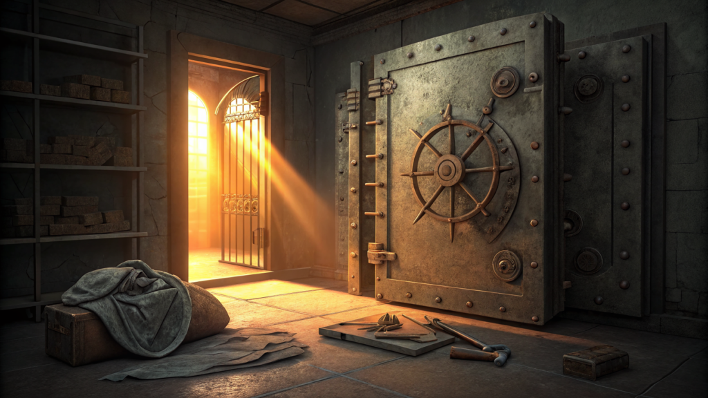 A new lock installed on a vault door already standing open — the access architecture changing while the door is in use.