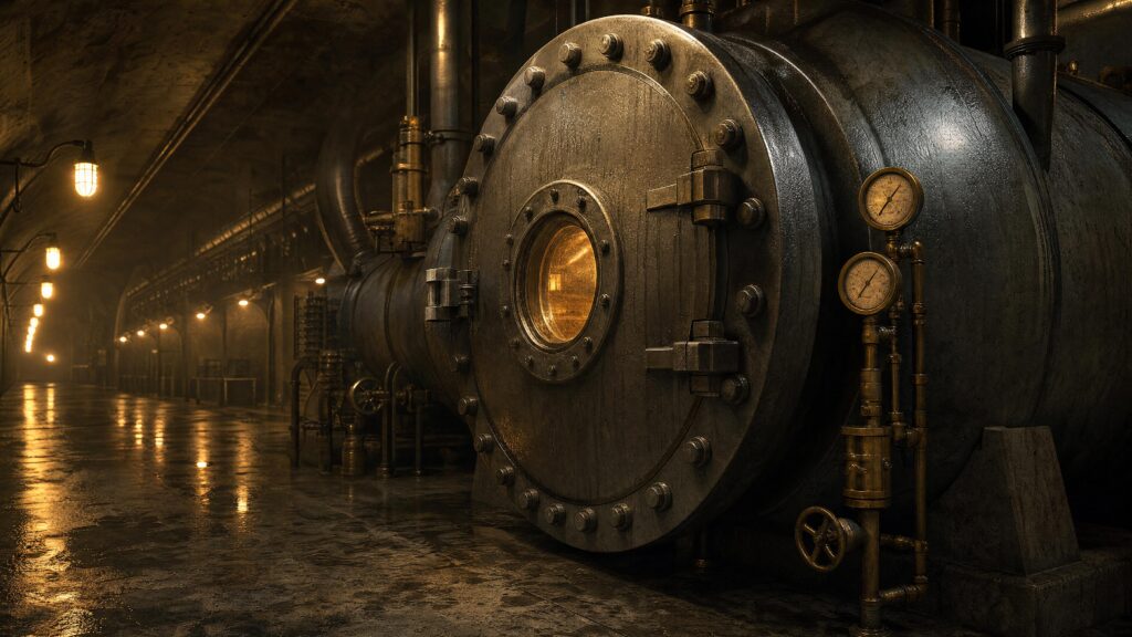 A riveted industrial vessel with a small lit porthole and brass gauges, standing in a dim tunnel of wet stone
