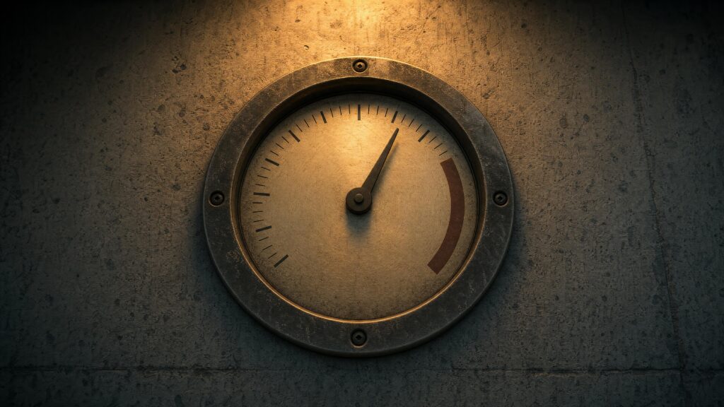 A large brass dial on a concrete wall, its needle sweeping toward a red band at the top of the scale