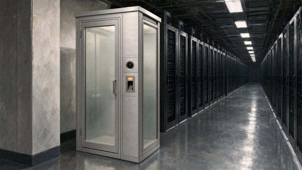 A glass biometric access booth with a fingerprint reader standing at the head of a dark server aisle