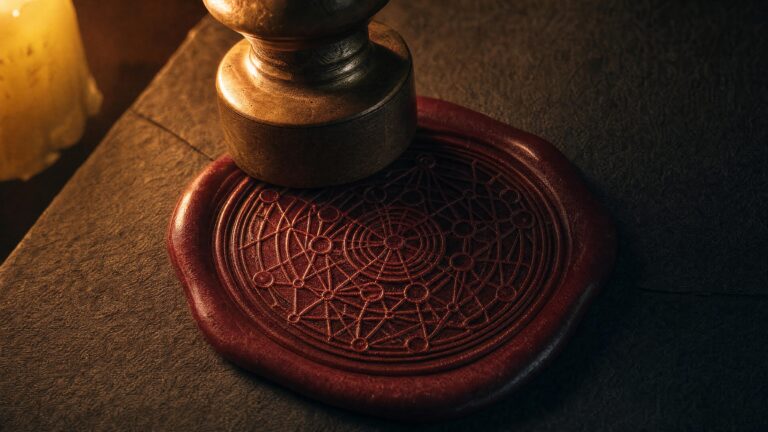 A wax seal pressed onto a document, its impression a fine web of interconnected lines