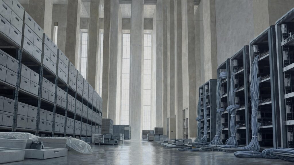 A cavernous archive where shelves of white document boxes face rows of cabled server racks across a concrete floor