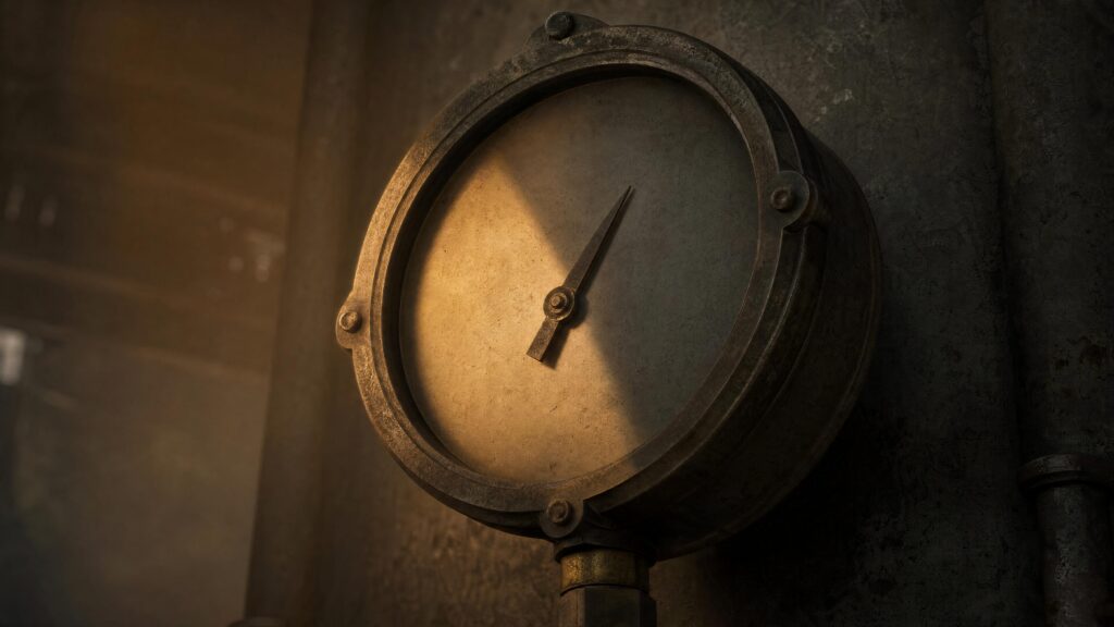 A weathered analogue pressure gauge on a concrete wall, its needle resting in a marked red zone