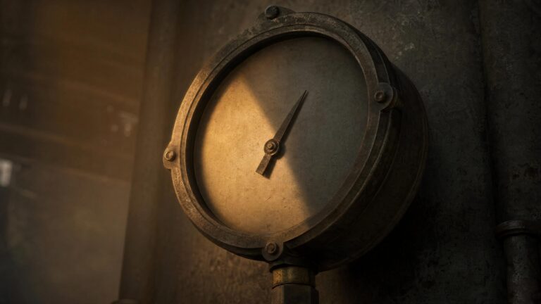 A weathered analogue pressure gauge on a concrete wall, its needle resting in a marked red zone