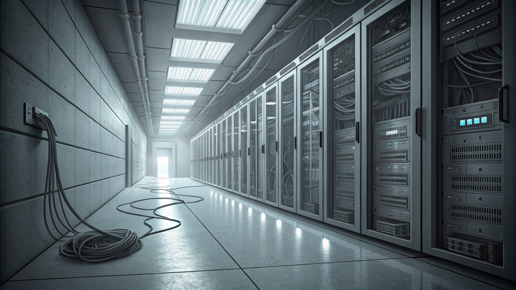 A cold-aisle server corridor with cables spilling from an open bay — a system built for order with one unmanaged thread