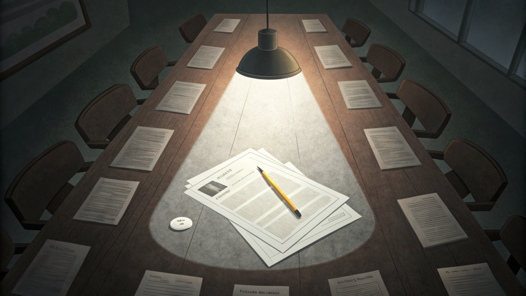 A dense document on a conference table, one section circled in pencil — the detail you find only if you read that far