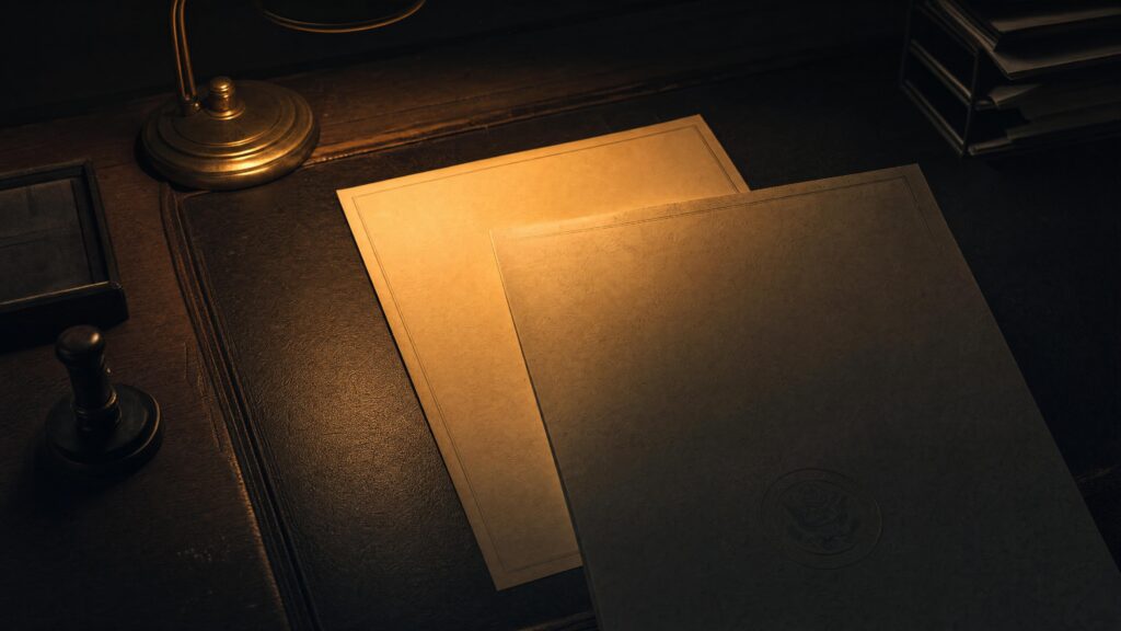 Two blank cream folders on a dark desk under a brass lamp, one embossed with a faint seal