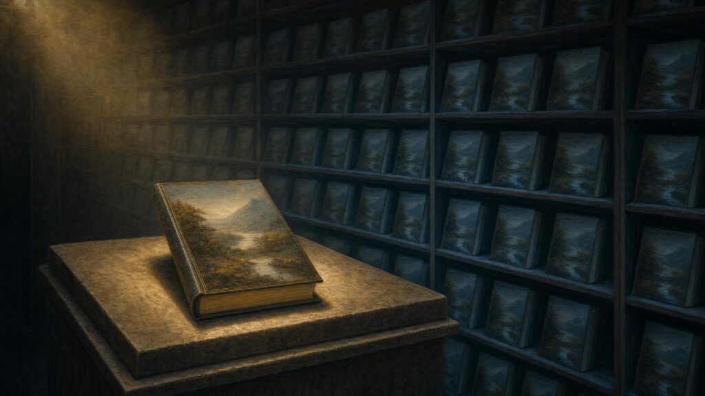A single illustrated book open on a stone plinth in a dim vault whose walls are lined with identical filed volumes