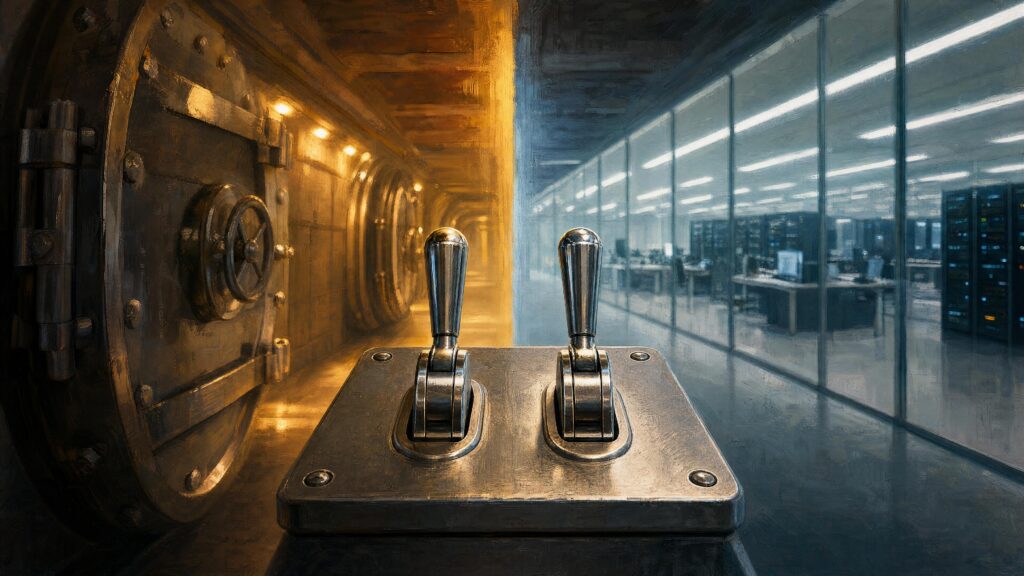 An open brass vault door beside two upright switch levers, with a glass-walled data hall visible beyond