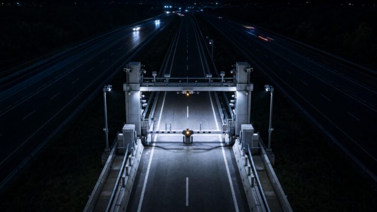An empty motorway toll plaza at night, its lanes lit white and running away toward distant traffic