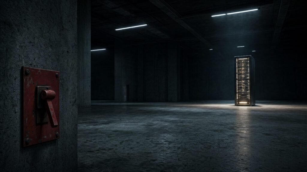 A single lit server rack standing alone in a large empty concrete hall, a red wall lever in the foreground