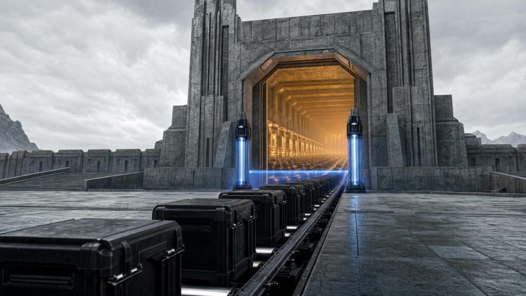 Black cases moving along a conveyor into a monumental stone gateway flanked by columns of blue light