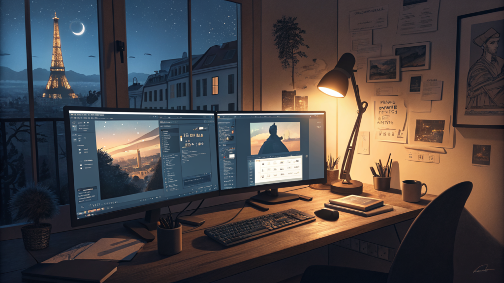 The workspace of an AI filmmaker at 3am, building Paris from prompts
