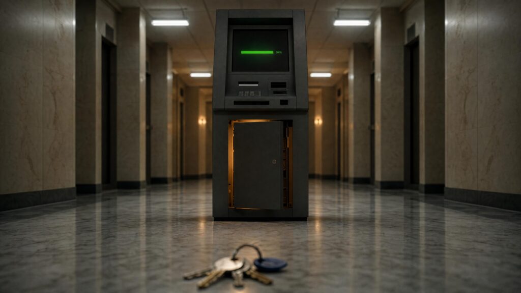 An ATM-style terminal in an empty marble corridor, a set of keys lying on the floor in front of it