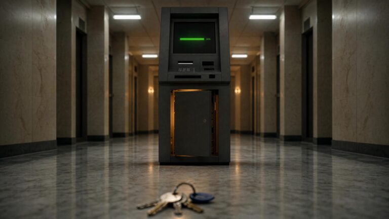 An ATM-style terminal in an empty marble corridor, a set of keys lying on the floor in front of it