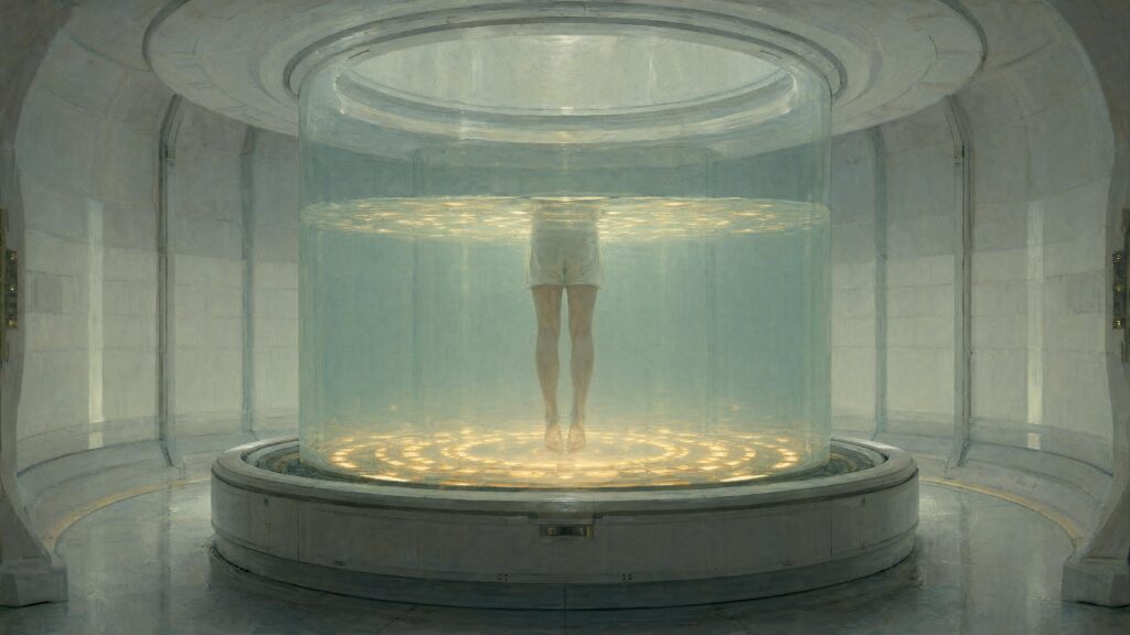 A figure standing in a cylindrical tank of pale green liquid, lit from a ring of light set into the base