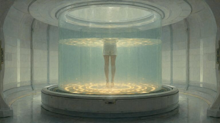 A figure standing in a cylindrical tank of pale green liquid, lit from a ring of light set into the base