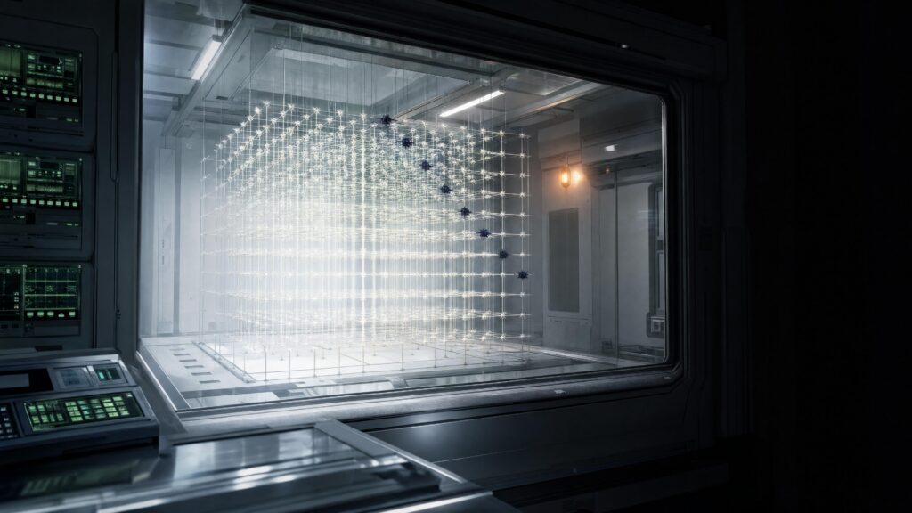 A laboratory chamber holding a lattice of suspended glass spheres, a few of them darkened, seen through a heavy open…