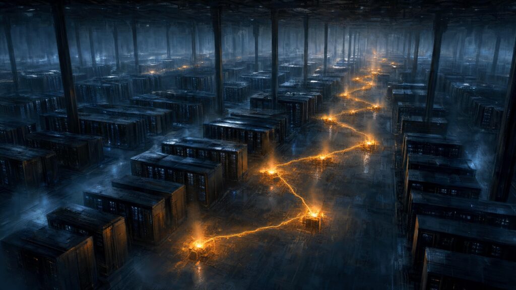 A trail of amber light threading between rows of dark shipping containers under blue mist