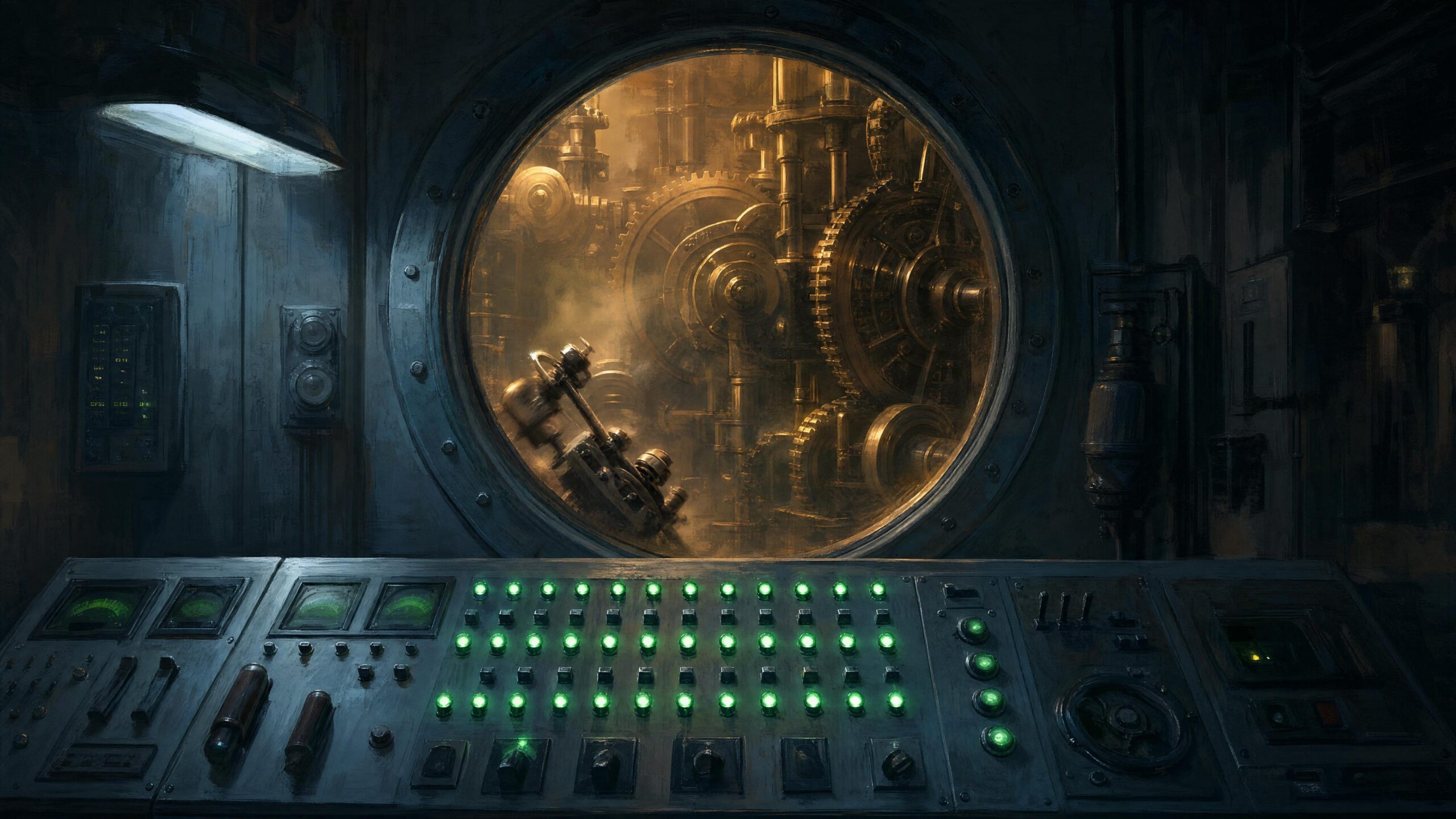 A round vault door standing open on a wall of brass clockwork, a control desk of green indicator lights in front of it