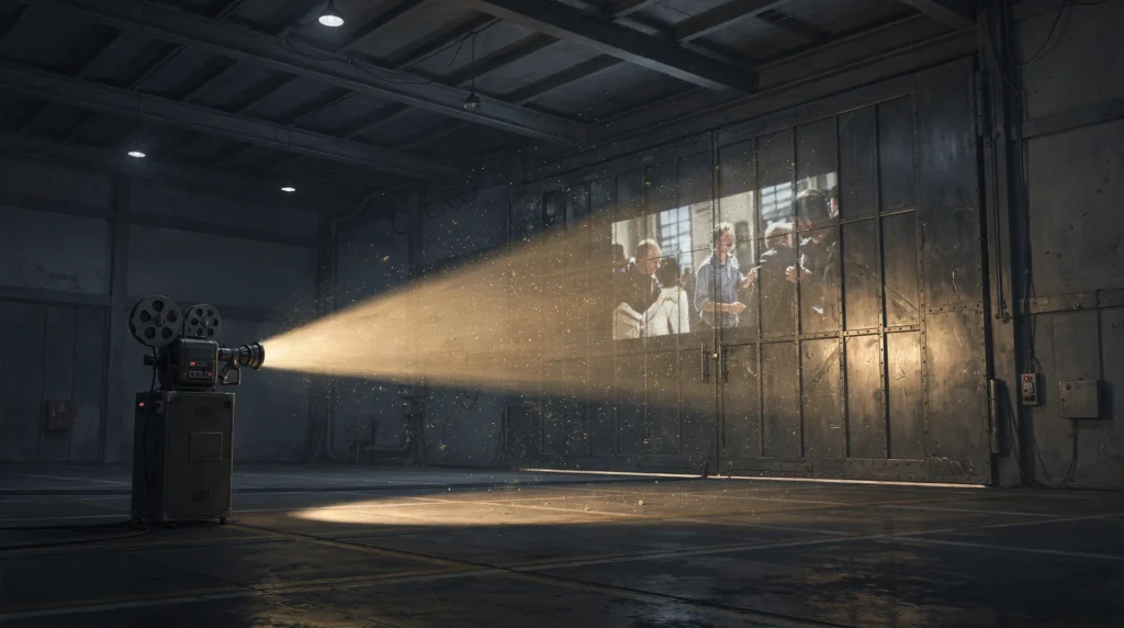 A vintage film projector casts a warm beam across a dark industrial hall onto a sealed steel gate — a finished film playing to a locked door, with no screen and no audience.