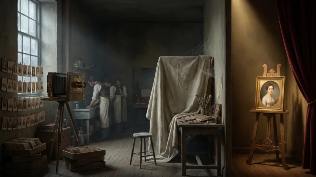 A cross-section of a 19th-century portrait studio splitting in two: mass-produced photographic cards on one side, a single hand-painted miniature on the other, the painter's bench abandoned under a dust sheet between them.
