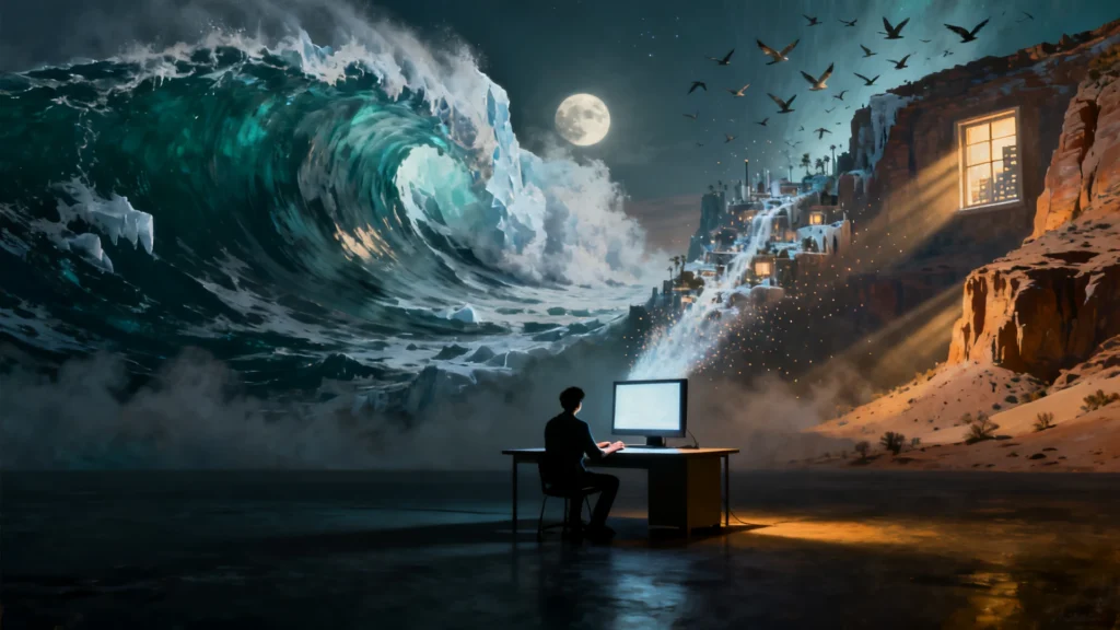 A lone figure at a small desk on a dark plane, dwarfed by an immense cinematic dreamscape of waves, canyon and city pouring upward out of their screen's light.
