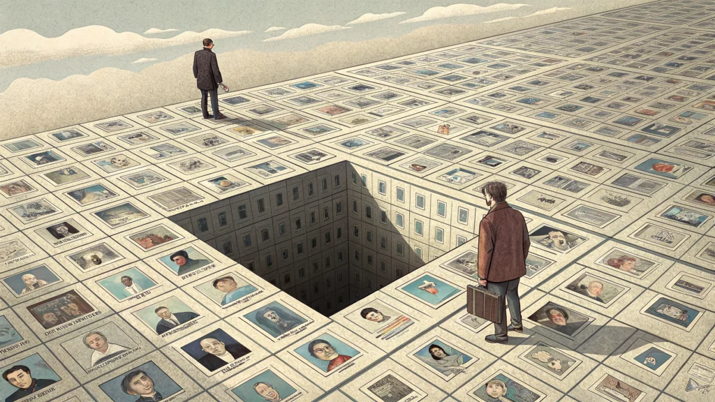 An editorial illustration: a vast floor of thousands of identical commodity images caving into a dark void at the center, while the far edges rise into luminous framed works and harden into carved objects.