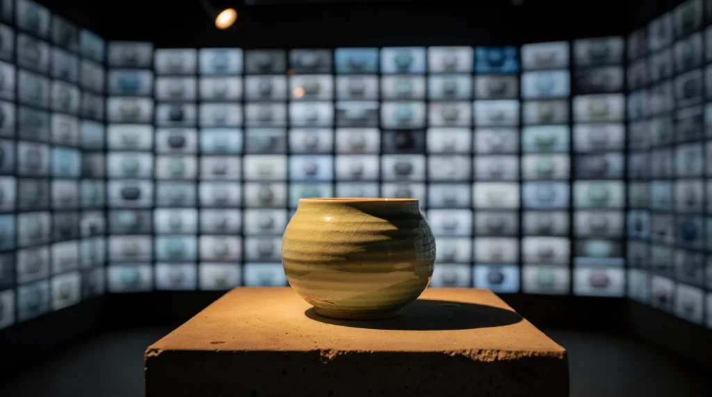 A hand-thrown ceramic vessel glowing under a warm gallery spotlight, set before an infinite receding grid of identical flat screens whose light cools to grey static.