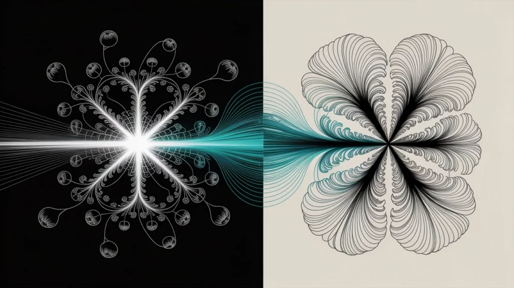 A graphic composition: a generative-art system resolving left-to-right from raw glowing signal-paths into an intricate plotter-drawn bloom, framed in gilt on a gallery wall.