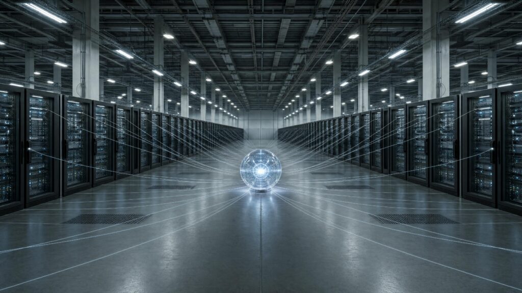 A single glowing sphere hovering in the aisle of a bright data centre, thin lines radiating to the racks on either side