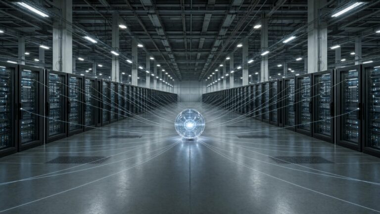 A single glowing sphere hovering in the aisle of a bright data centre, thin lines radiating to the racks on either side
