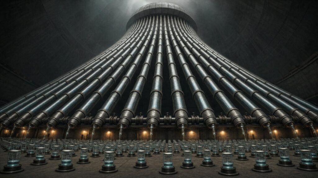 A huge ring of pipes converging into a domed ceiling above rows of glowing valve heads