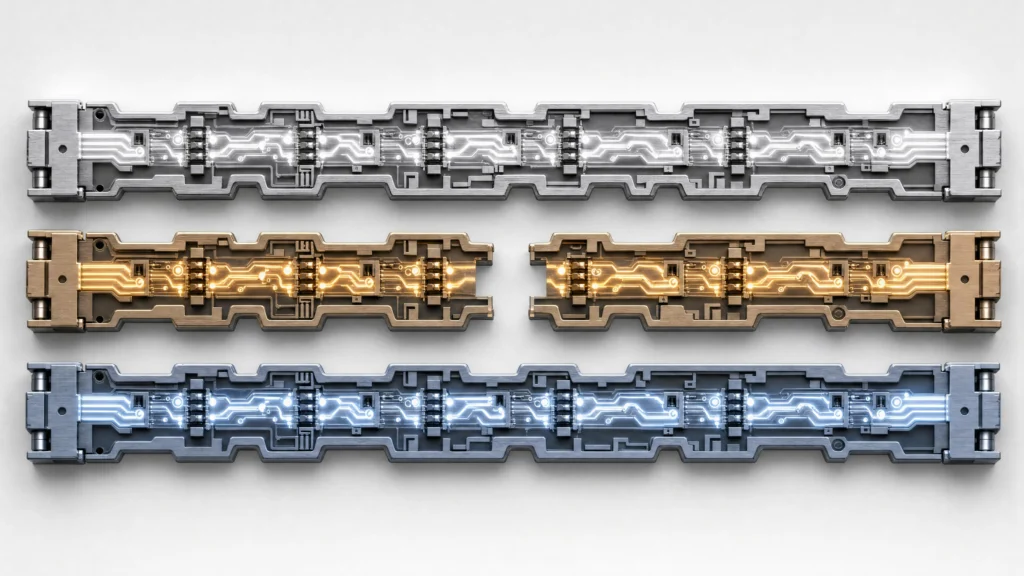 Three long mechanical lock bars laid in parallel, their internal channels exposed as if cut away, one of them broken…
