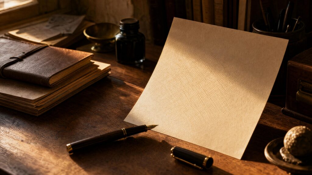 A blank sheet of paper propped on a wooden desk beside a fountain pen, ink bottle and closed leather notebook in warm…